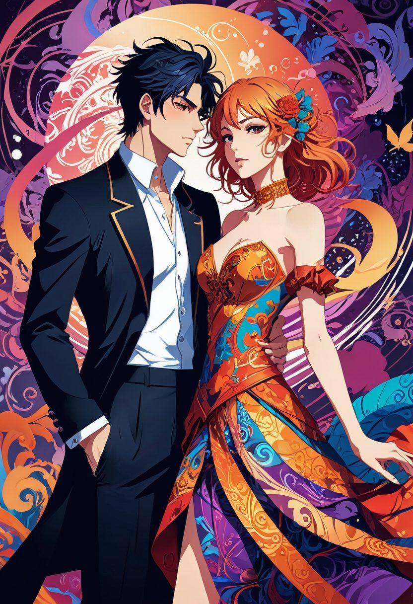 A captivating blend of seductive anime characters in a colorful and dynamic setting, showcasing the artistry behind hentai. Incorporate elements of fantasy and desire, with intricate details in the characters' expressions and clothing. Use a moody yet vibrant color palette to emphasize allure and intimacy. Include swirling patterns and abstract backgrounds to create a sense of movement and emotion. vector art. vibrant colors.
